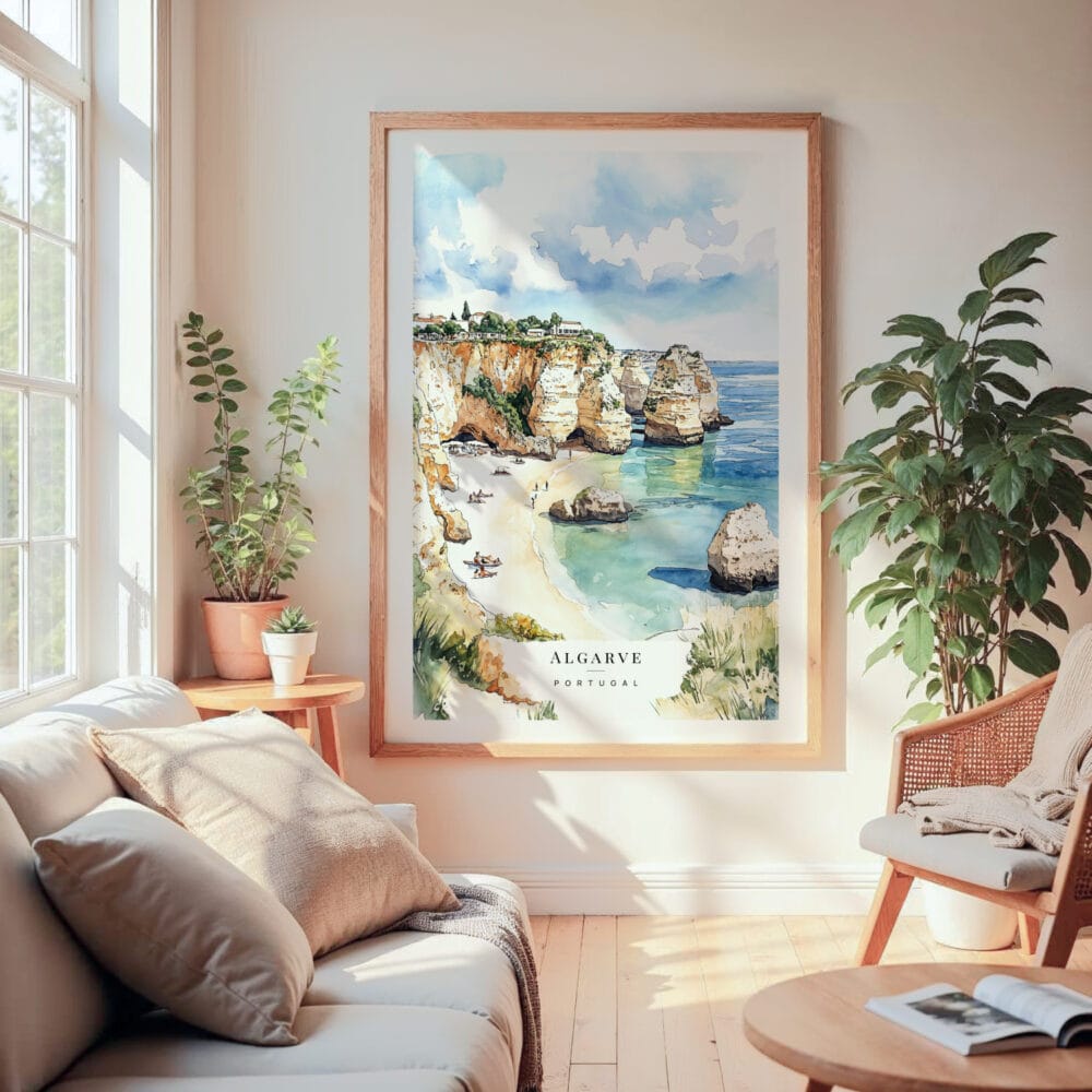 Large Framed Algarve Beach Watercolor Wall Art - Cozy Living Room - Portrait Large Framed Algarve Beach Watercolor Wall Art - Cozy Living Room - Portrait