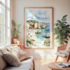 Large Framed Algarve Beach Watercolor Wall Art - Cozy Living Room - Portrait