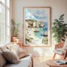 Large Framed Algarve Beach Watercolor Wall Art - Cozy Living Room - Portrait
