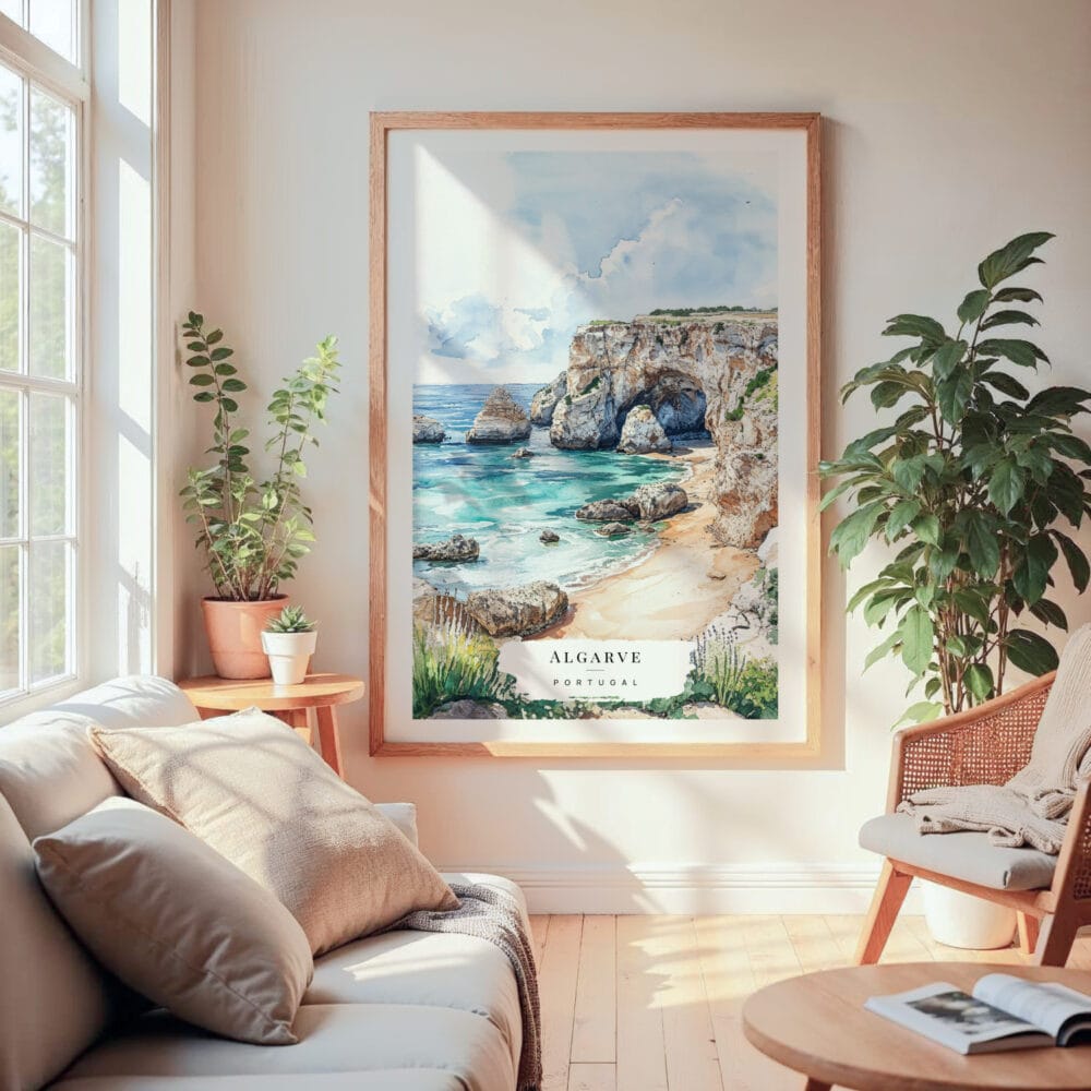 Large Framed Algarve Portugal Watercolor Wall Art - Cozy Living Room - Portrait Large Framed Algarve Portugal Watercolor Wall Art - Cozy Living Room - Portrait