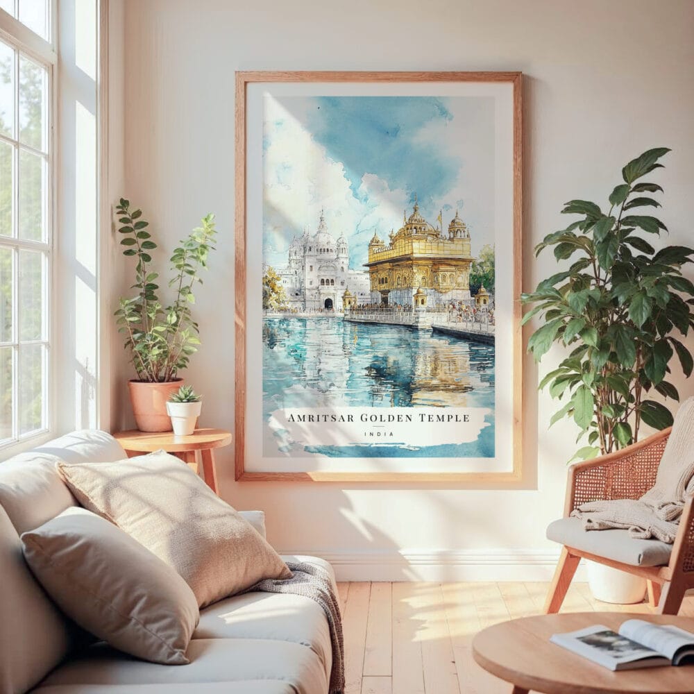Large Framed Amritsar Golden Temple Watercolor Wall Art - Cozy Living Room - Portrait Large Framed Amritsar Golden Temple Watercolor Wall Art - Cozy Living Room - Portrait