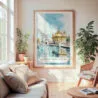 Large Framed Amritsar Golden Temple Watercolor Wall Art - Cozy Living Room - Portrait