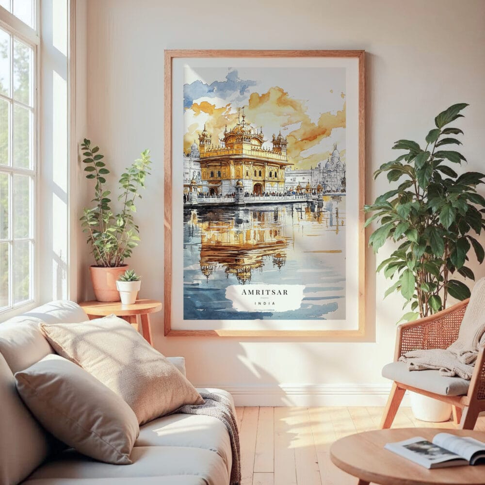 Large Framed Amritsar India Watercolor Wall Art - Cozy Living Room - Portrait Large Framed Amritsar India Watercolor Wall Art - Cozy Living Room - Portrait