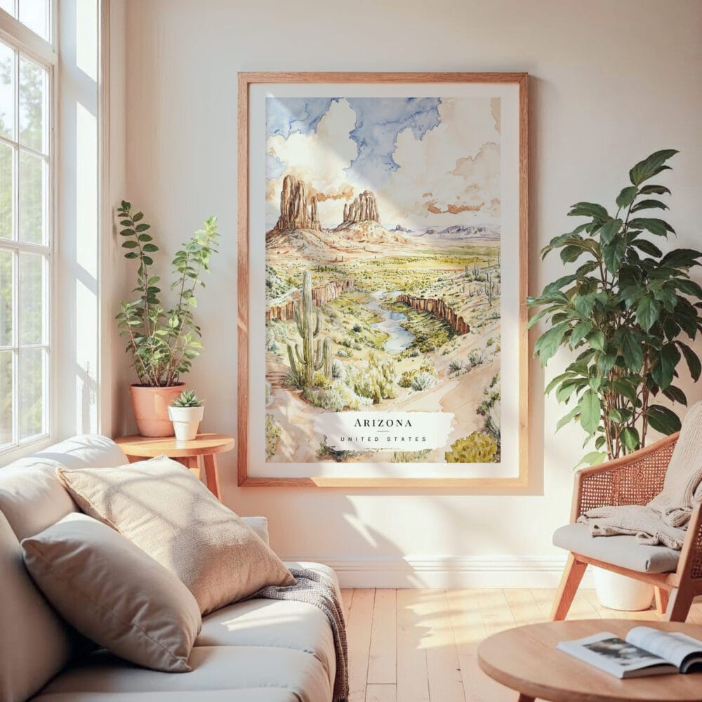 Large Framed Arizona Watercolor Wall Art - Cozy Living Room - Portrait Large Framed Arizona Watercolor Wall Art - Cozy Living Room - Portrait