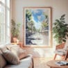 Large Framed Barcelona Las Ramblas Watercolor Wall Art - Cozy Living Room - Portrait
