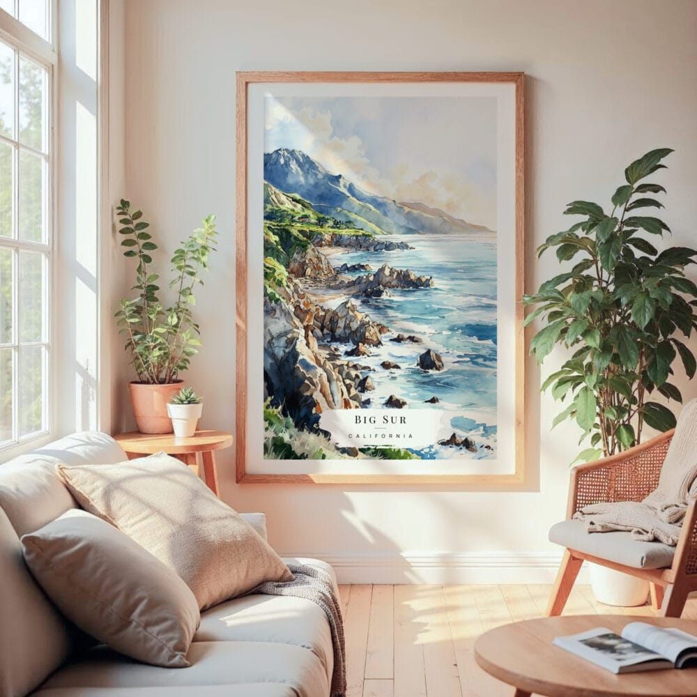 Large Framed Big Sur Watercolor Wall Art - Cozy Living Room - Portrait Large Framed Big Sur Watercolor Wall Art - Cozy Living Room - Portrait