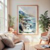 Large Framed Big Sur Watercolor Wall Art - Cozy Living Room - Portrait