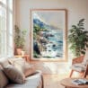 Large Framed Big Sur Watercolor Wall Art - Cozy Living Room - Portrait