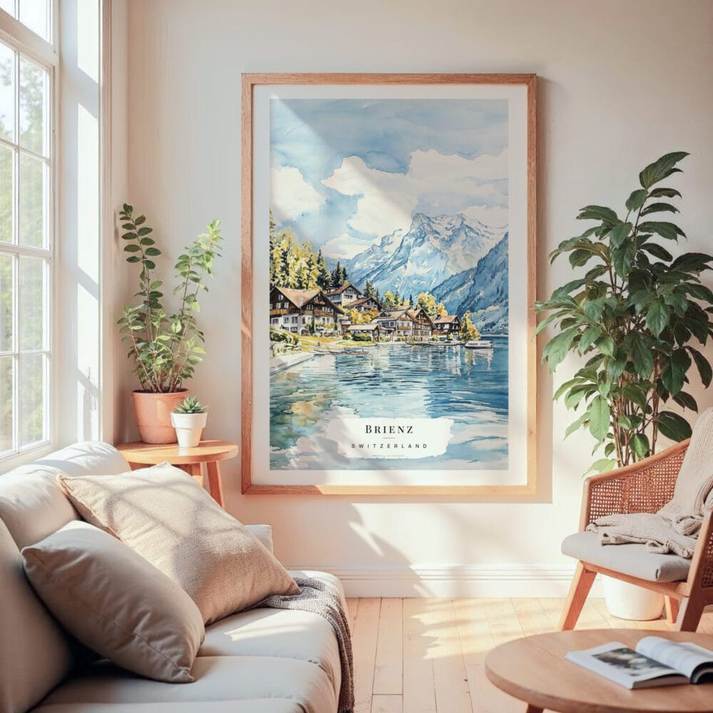 Large Framed Brienz Watercolor Wall Art - Cozy Living Room - Portrait Large Framed Brienz Watercolor Wall Art - Cozy Living Room - Portrait