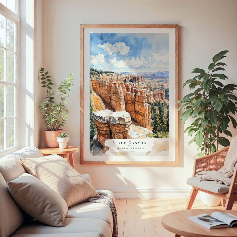 Large Framed Bryce Canyon Watercolor Wall Art - Cozy Living Room - Portrait Large Framed Bryce Canyon Watercolor Wall Art - Cozy Living Room - Portrait