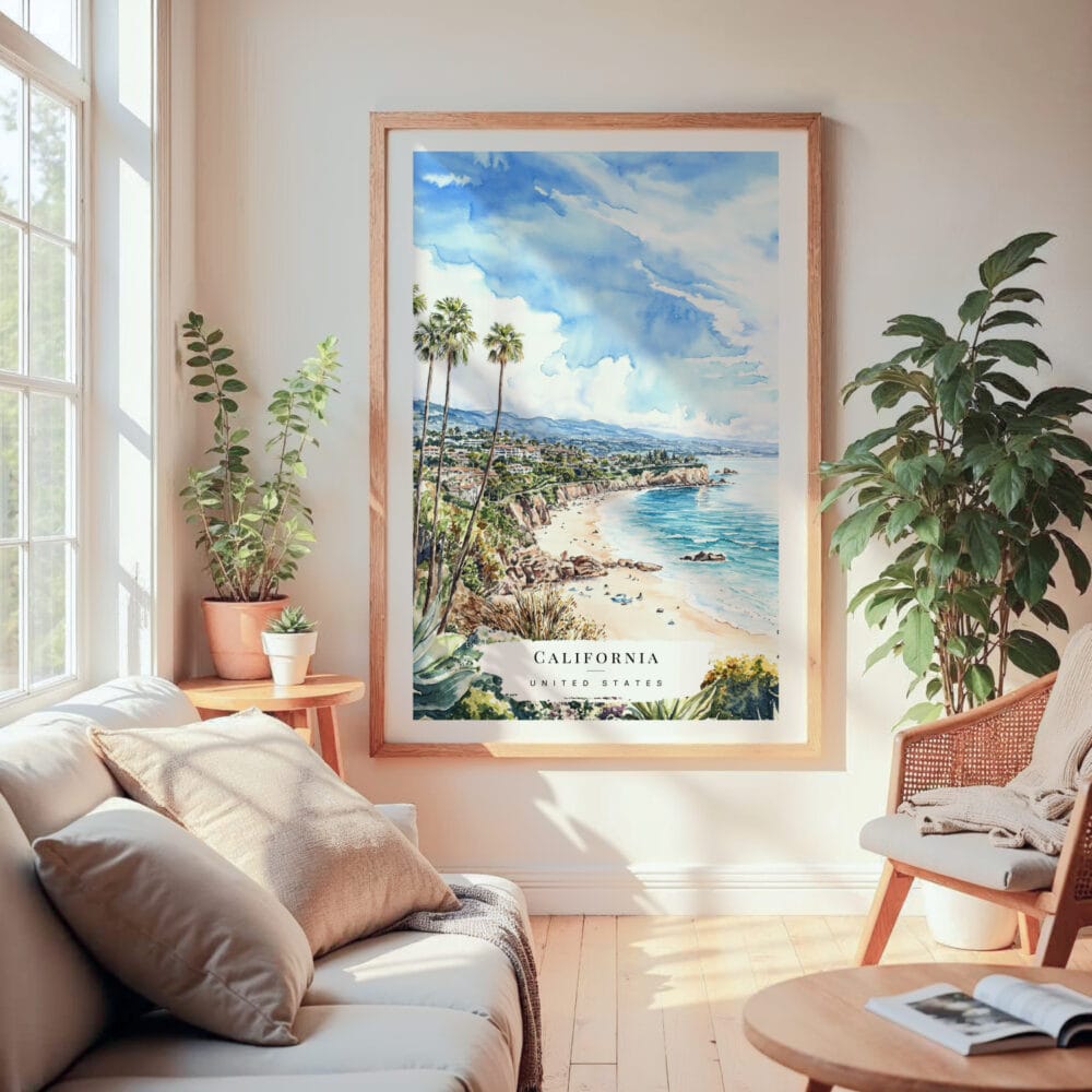 Large Framed California Laguna Beach Watercolor Wall Art - Cozy Living Room - Portrait Large Framed California Laguna Beach Watercolor Wall Art - Cozy Living Room - Portrait
