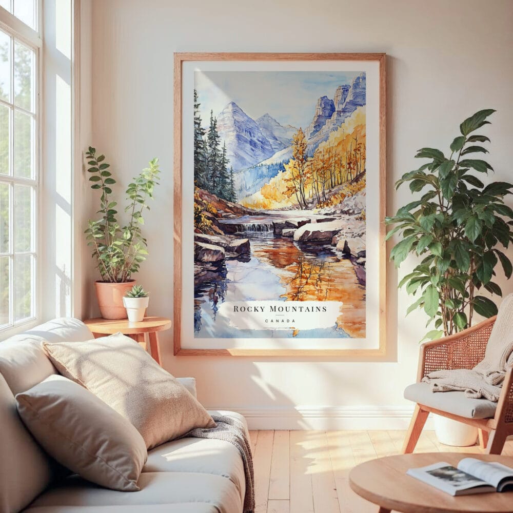 Large Framed Canadian Rocky Mountains Watercolor Wall Art - Cozy Living Room - Portrait Large Framed Canadian Rocky Mountains Watercolor Wall Art - Cozy Living Room - Portrait