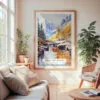 Large Framed Canadian Rocky Mountains Watercolor Wall Art - Cozy Living Room - Portrait
