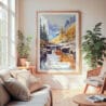 Large Framed Canadian Rocky Mountains Watercolor Wall Art - Cozy Living Room - Portrait