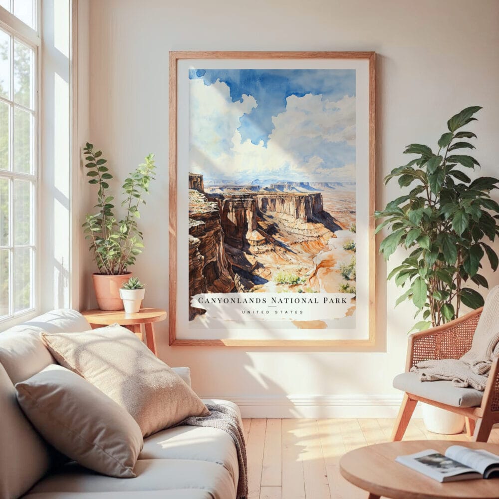Large Framed Canyonlands National Park Watercolor Wall Art - Cozy Living Room - Portrait Large Framed Canyonlands National Park Watercolor Wall Art - Cozy Living Room - Portrait