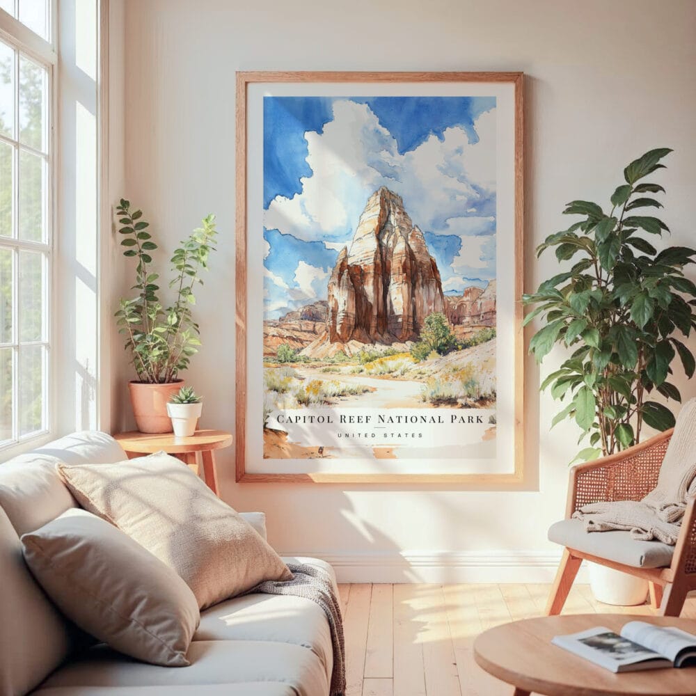 Large Framed Capitol Reef National Park Watercolor Wall Art - Cozy Living Room - Portrait Large Framed Capitol Reef National Park Watercolor Wall Art - Cozy Living Room - Portrait
