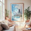 Large Framed Chicago Skyline Watercolor Wall Art - Cozy Living Room - Portrait