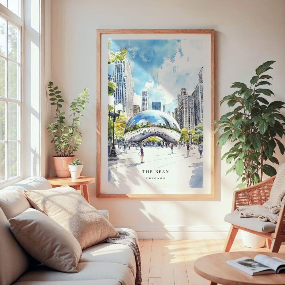 Large Framed Chicago The Bean Cloud Gate Watercolor Wall Art - Cozy Living Room - Portrait Large Framed Chicago The Bean Cloud Gate Watercolor Wall Art - Cozy Living Room - Portrait