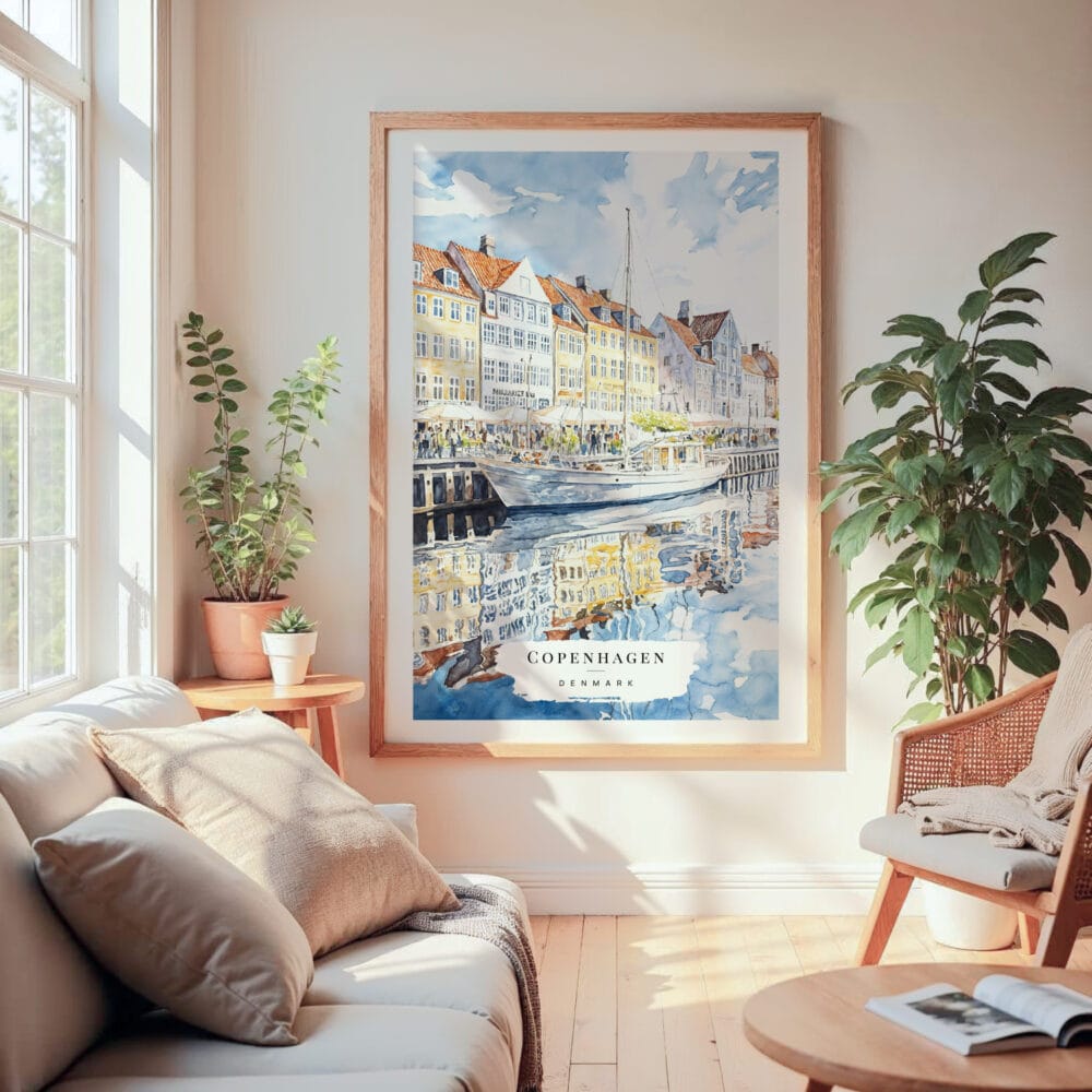Large Framed Copenhagen Denmark Watercolor Wall Art - Cozy Living Room - Portrait Large Framed Copenhagen Denmark Watercolor Wall Art - Cozy Living Room - Portrait
