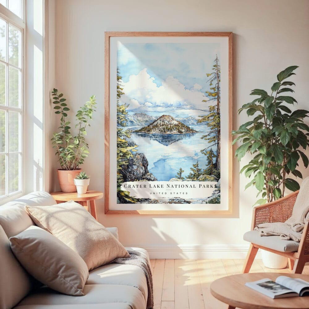 Large Framed Crater Lake National Park Watercolor Wall Art - Cozy Living Room - Portrait Large Framed Crater Lake National Park Watercolor Wall Art - Cozy Living Room - Portrait
