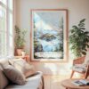 Large Framed Crater Lake National Park Watercolor Wall Art - Cozy Living Room - Portrait