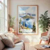 Large Framed Crater Lake Watercolor Wall Art - Cozy Living Room - Portrait