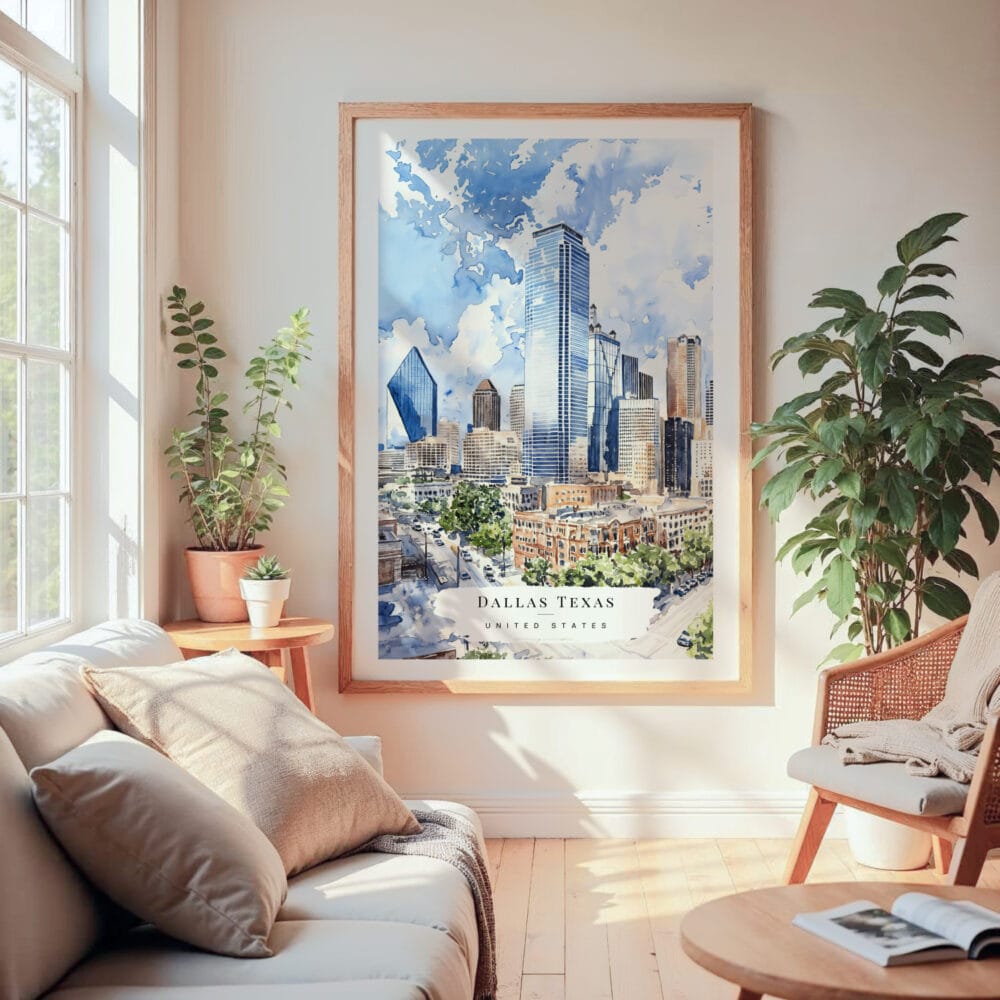 Large Framed Dallas Texas Watercolor Wall Art - Cozy Living Room - Portrait Large Framed Dallas Texas Watercolor Wall Art - Cozy Living Room - Portrait
