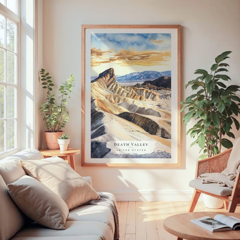 Large Framed Death Valley National Park Watercolor Wall Art - Cozy Living Room - Portrait Large Framed Death Valley National Park Watercolor Wall Art - Cozy Living Room - Portrait