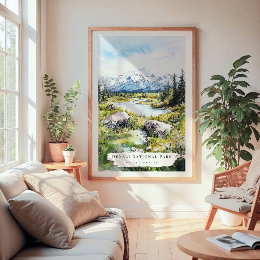 Large Framed Denali National Park Watercolor Wall Art - Cozy Living Room - Portrait Large Framed Denali National Park Watercolor Wall Art - Cozy Living Room - Portrait