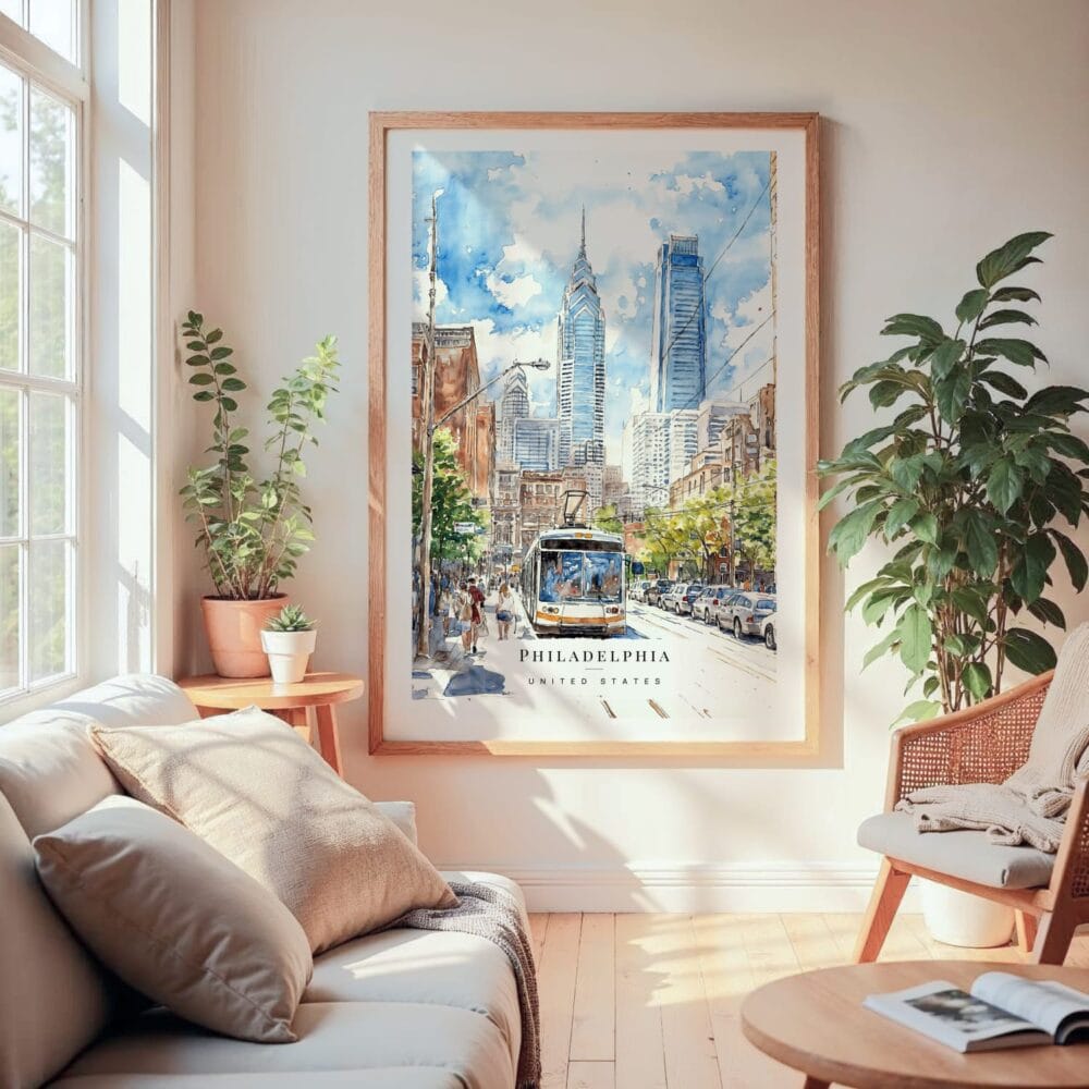 Large Framed Downtown Philadelphia Watercolor Wall Art - Cozy Living Room - Portrait Large Framed Downtown Philadelphia Watercolor Wall Art - Cozy Living Room - Portrait