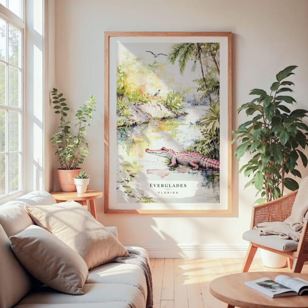 Large Framed Florida Everglades Watercolor Wall Art - Cozy Living Room - Portrait Large Framed Florida Everglades Watercolor Wall Art - Cozy Living Room - Portrait