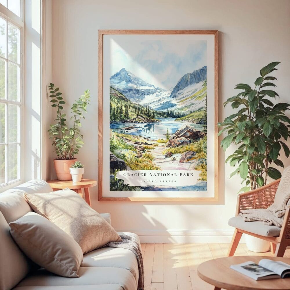 Large Framed Glacier National Park Watercolor Wall Art - Cozy Living Room - Portrait Large Framed Glacier National Park Watercolor Wall Art - Cozy Living Room - Portrait