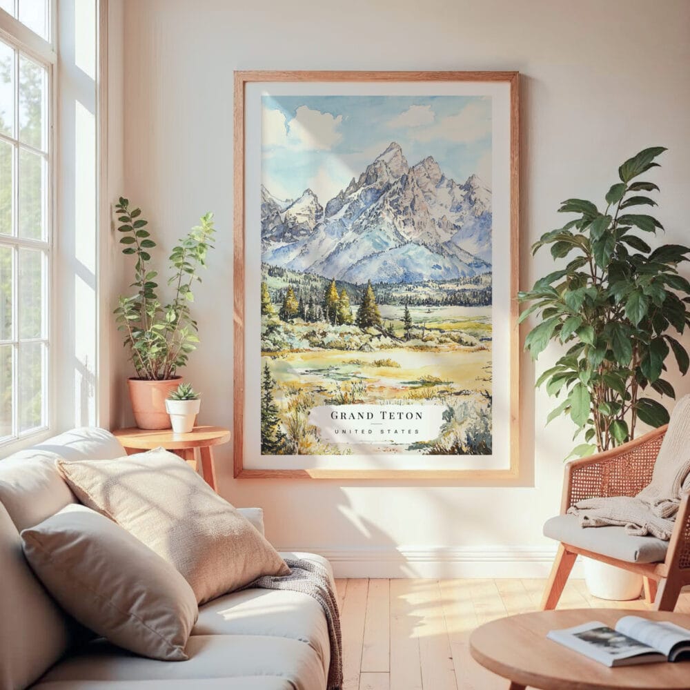 Large Framed Grand Teton Watercolor Wall Art - Cozy Living Room - Portrait Large Framed Grand Teton Watercolor Wall Art - Cozy Living Room - Portrait