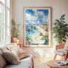 Large Framed Great Ocean Road Australia Watercolor Wall Art - Cozy Living Room - Portrait