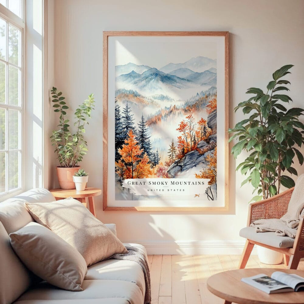 Large Framed Great Smokey Mountains Watercolor Wall Art - Cozy Living Room - Portrait Large Framed Great Smokey Mountains Watercolor Wall Art - Cozy Living Room - Portrait