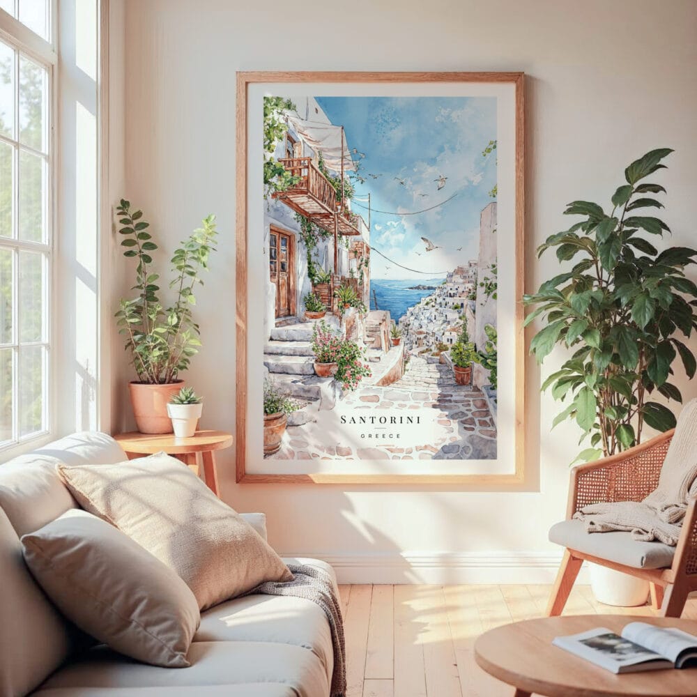 Large Framed Greece Santorini Wall Art - Cozy Living Room - Portrait Large Framed Greece Santorini Wall Art - Cozy Living Room - Portrait