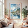 Large Framed Interlaken Watercolor Wall Art - Cozy Living Room - Portrait