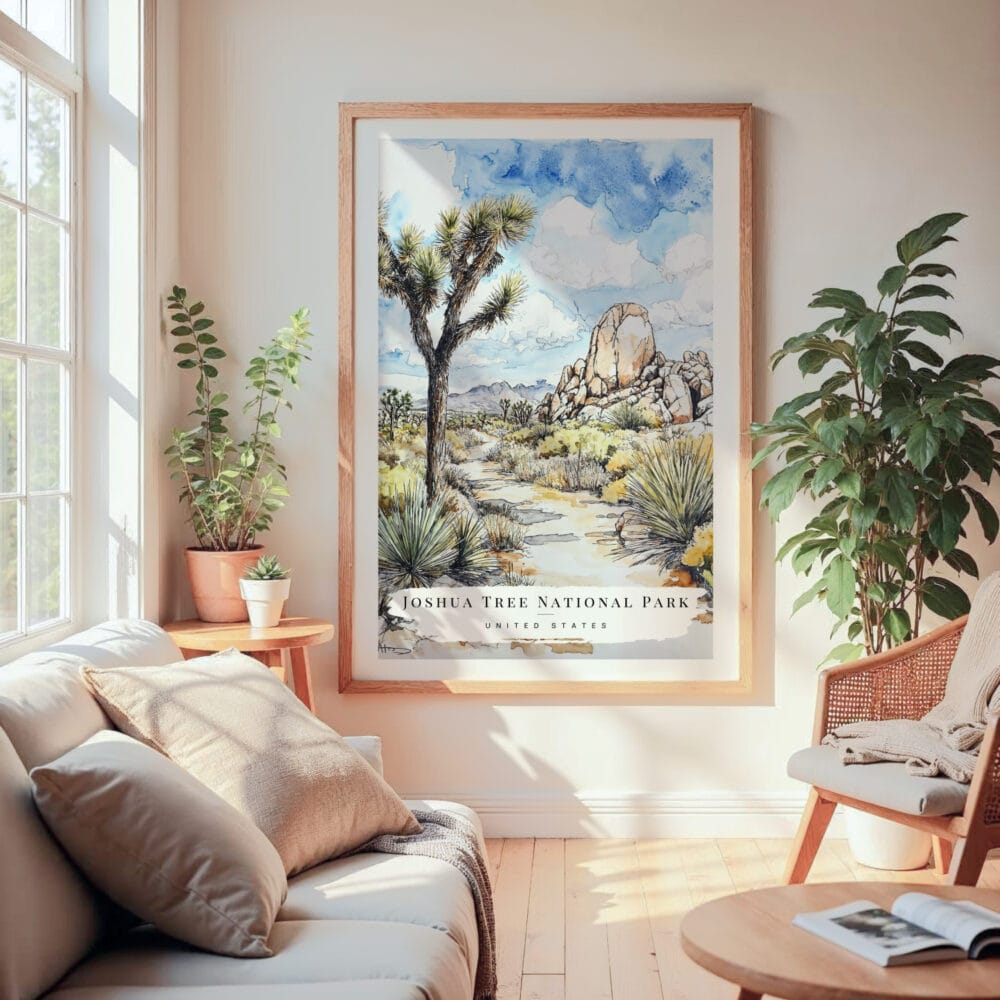 Large Framed Joshua Tree National Park Watercolor Wall Art - Cozy Living Room - Portrait Large Framed Joshua Tree National Park Watercolor Wall Art - Cozy Living Room - Portrait