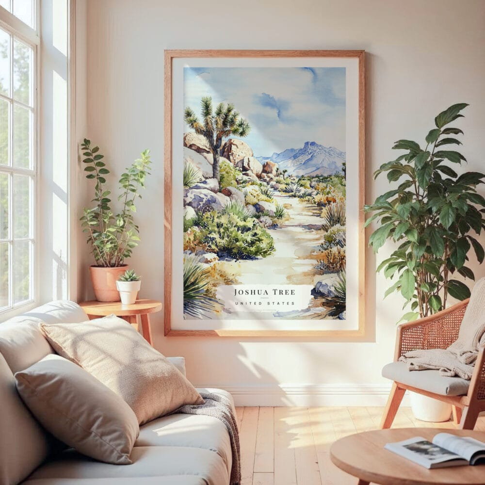Large Framed Joshua Tree Watercolor Wall Art - Cozy Living Room - Portrait Large Framed Joshua Tree Watercolor Wall Art - Cozy Living Room - Portrait