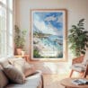 Large Framed Laguna Beach Coast Watercolor Wall Art - Cozy Living Room - Portrait