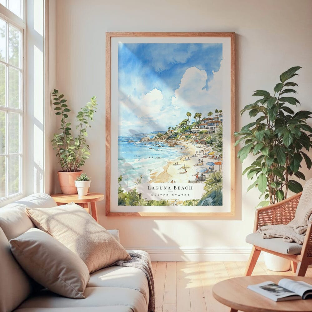 Large Framed Laguna Beach Watercolor Wall Art - Cozy Living Room - Portrait Large Framed Laguna Beach Watercolor Wall Art - Cozy Living Room - Portrait