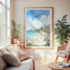 Large Framed Laguna Beach Watercolor Wall Art - Cozy Living Room - Portrait
