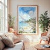 Large Framed Laguna Beach Watercolor Wall Art - Cozy Living Room - Portrait