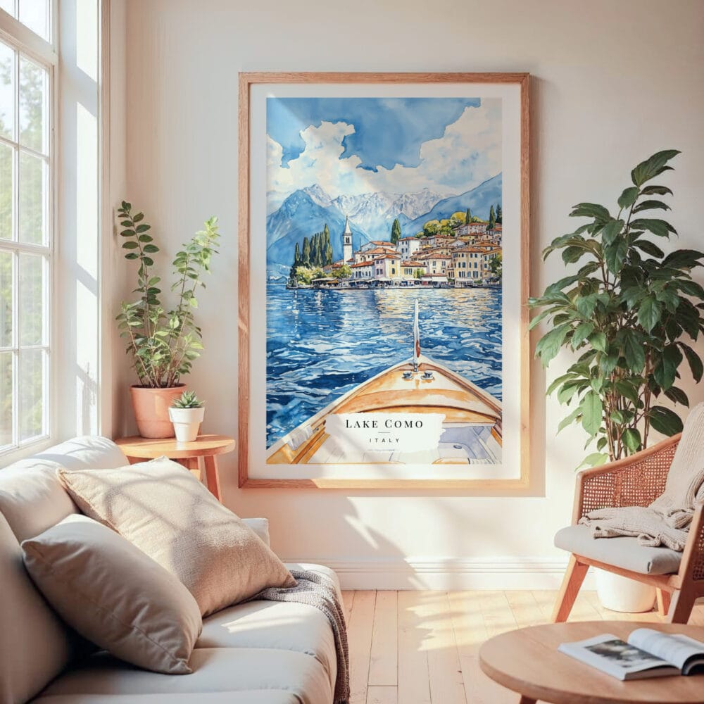 Large Framed Lake Como View from Boat Watercolor Wall Art - Cozy Living Room - Portrait Large Framed Lake Como View from Boat Watercolor Wall Art - Cozy Living Room - Portrait