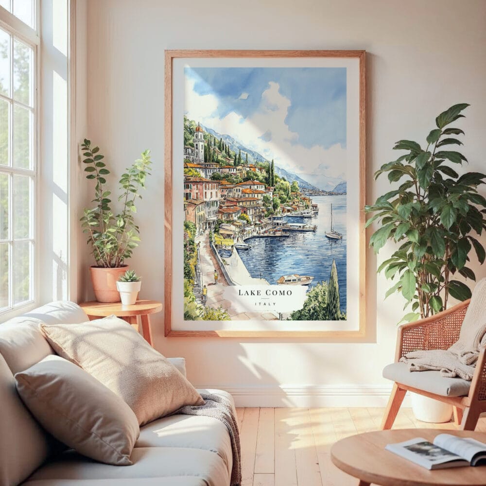 Large Framed Lake Como Watercolor Wall Art - Cozy Living Room - Portrait Large Framed Lake Como Watercolor Wall Art - Cozy Living Room - Portrait