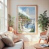 Large Framed Lake Como Watercolor Wall Art - Cozy Living Room - Portrait