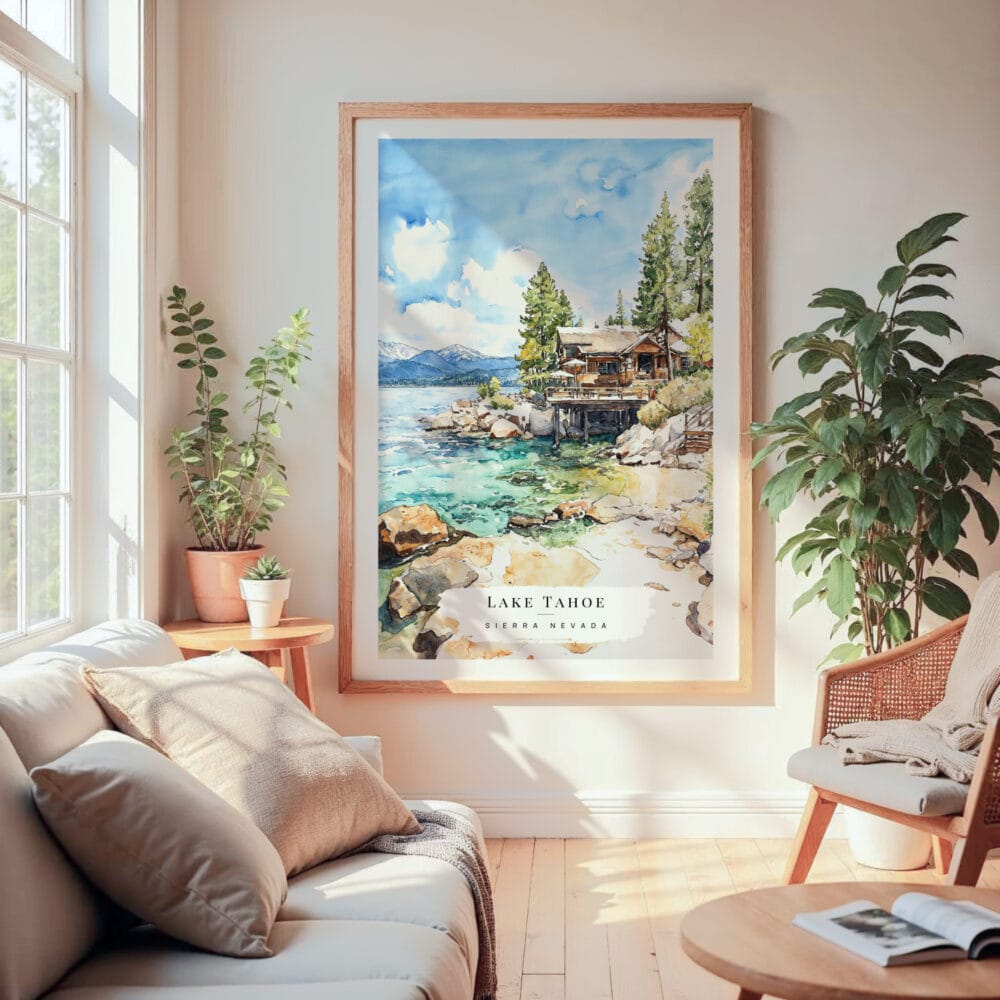 Large Framed Lake Tahoe Cabin Watercolor Wall Art - Cozy Living Room - Portrait Large Framed Lake Tahoe Cabin Watercolor Wall Art - Cozy Living Room - Portrait