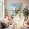 Large Framed Lake Tahoe Cabin Watercolor Wall Art - Cozy Living Room - Portrait