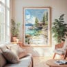 Large Framed Lake Tahoe Cabin Watercolor Wall Art - Cozy Living Room - Portrait