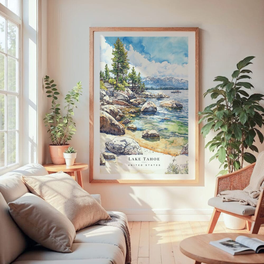 Large Framed Lake Tahoe Watercolor Wall Art - Cozy Living Room - Portrait Large Framed Lake Tahoe Watercolor Wall Art - Cozy Living Room - Portrait